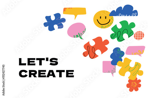 A vivid and abstract composition with various speech bubbles, puzzles and diverse shapes. A design template for interaction, collaboration, and brainstorm topics.