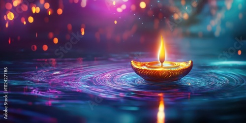 Floating diya with golden flame on a futuristic digital-inspired background, glowing in a mix of neon blue and purple light streams. photo