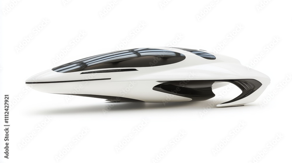 A futuristic hydrofoil vessel hovering slightly above water, displayed on a bright white background, innovative and dynamic design