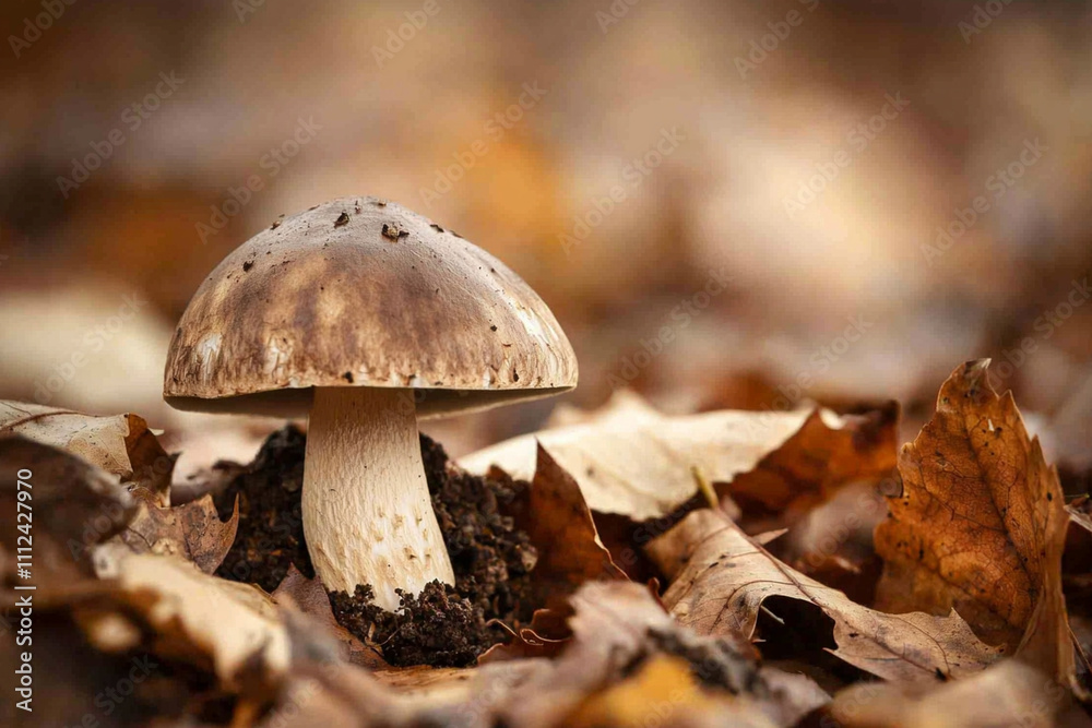 Mushroom growing among autumn leaves in a serene forest setting Mushroom growing among autumn leaves in a serene forest setting