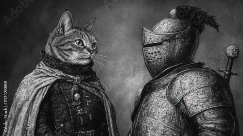 A Regal Feline and His Knightly Companion: A Monochrome Masterpiece photo