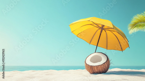 Wallpaper Mural Beach umbrella shading a tranquil scene of coconut palms, golden sand, and the vast ocean under a vibrant summer sky Torontodigital.ca