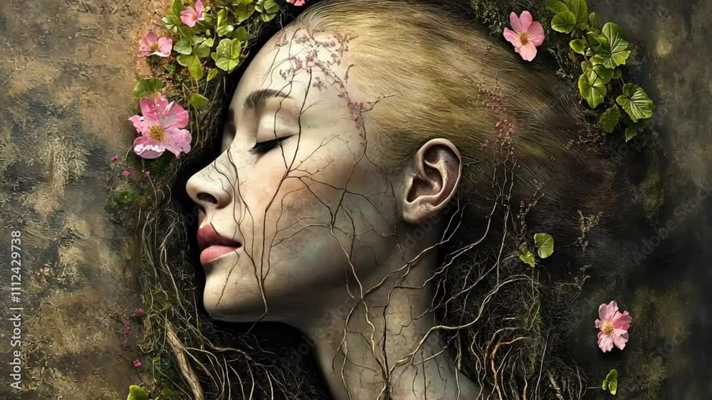 A whimsical and surreal digital artwork featuring a woman whose head ...