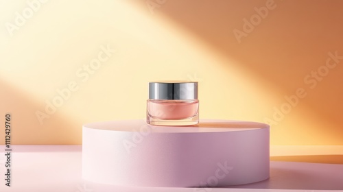 Glass jar of pink cream on pastel podium with warm sunlight in soft gradient background