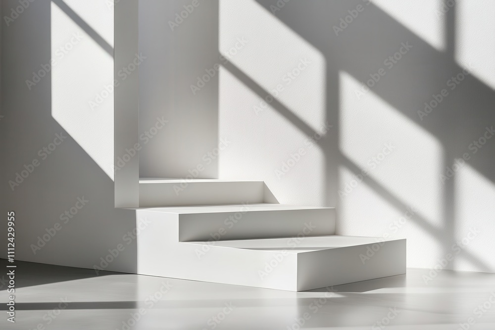 Minimalist white staircase with geometric shapes and sunlight casting sharp shadows Minimalist white staircase with geometric shapes and sunlight casting sharp shadows
