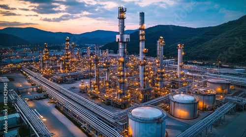 Top view of a large oil and petrochemical refinery with group of a crude oil storage tanks. Close-up of industrial pipelines of an oil-refinery plant.