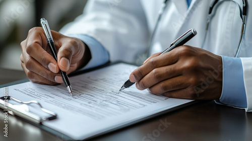 Doctor Filling Out Patient Medical Forms with Pen