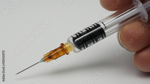 Hand Holding Syringe with Transparent Liquid for Injection