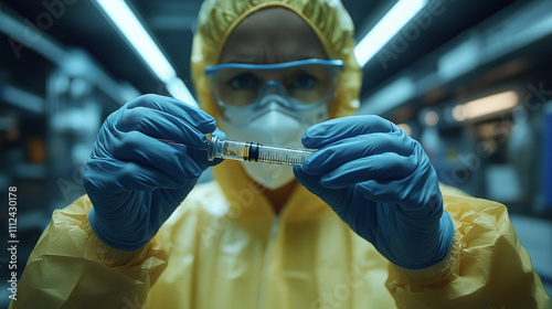 Scientist in Protective Gear Holding Syringe in Laboratory