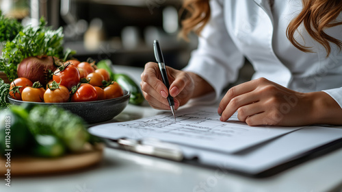 Nutritionist Writing Notes with Fresh Vegetables in Background
