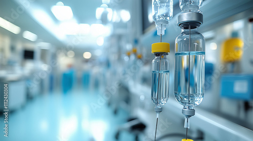 Row of IV Bags in a Sterile Laboratory Setting