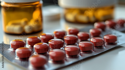 Close-up of Pills in Blister Pack with Medicine Bottles