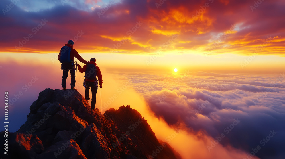 Breathtaking Sunset View from Mountain Peak with Two Climbers Embracing Nature's Beauty Breathtaking Sunset View from Mountain Peak with Two Climbers Embracing Nature's Beauty