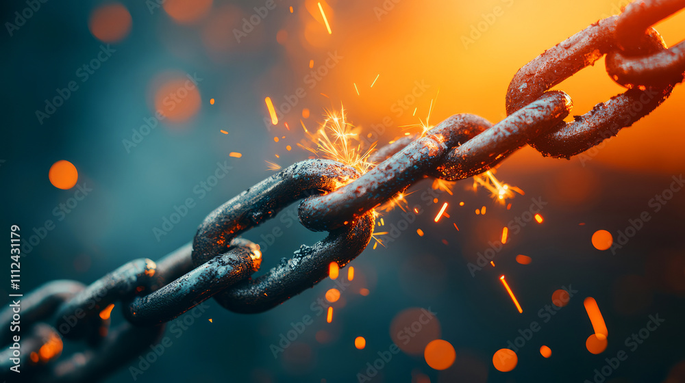 Metal Chain Breaking with Sparks Flying in Dark Background and Warm Glowing Light Metal Chain Breaking with Sparks Flying in Dark Background and Warm Glowing Light