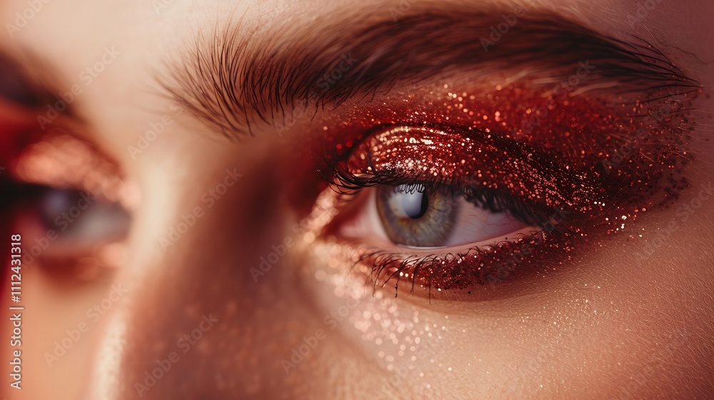 Close up of a woman eye with a glamorous glittery eyeshadow look on a solid maroon background, radiating happiness. Close up of a woman eye with a glamorous glittery eyeshadow look on a solid maroon background, radiating happiness.