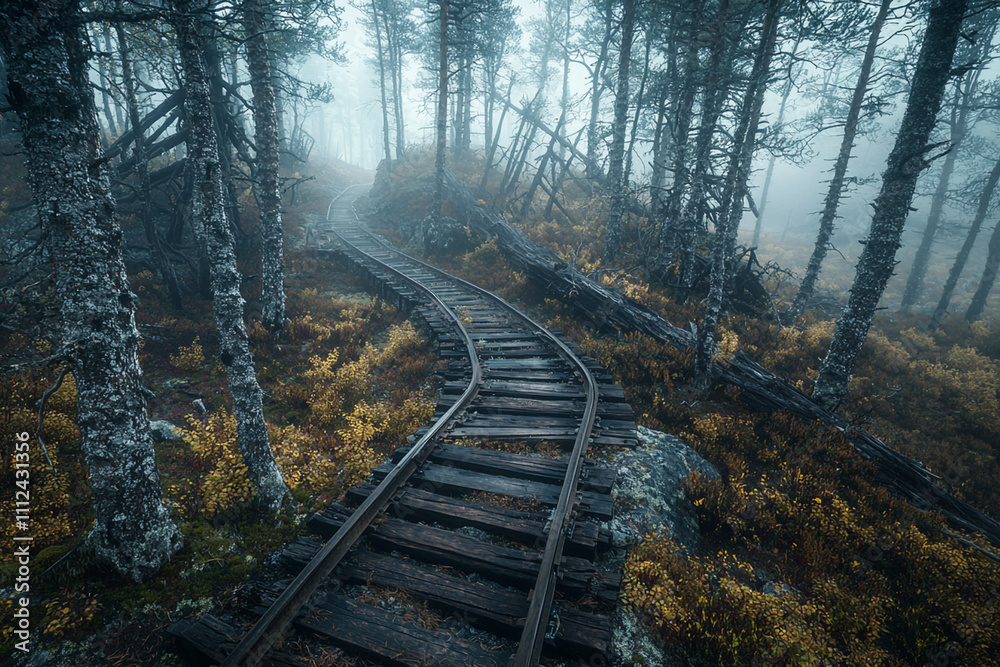 Obraz premium Foggy forest path along abandoned railroad tracks in autumn