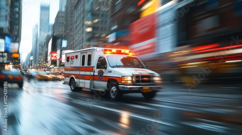 Fototapeta Naklejka Na Ścianę i Meble -  An emergency medical vehicle is rushing through a busy city street, its lights flashing brightly amidst the evening rain as it navigates the bustling urban environment