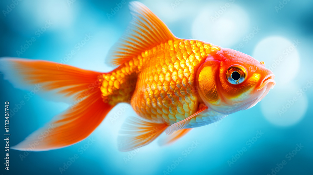 Fototapeta premium Vibrant Goldfish Swimming Gracefully in Clear Water with Soft Bokeh Background Effects