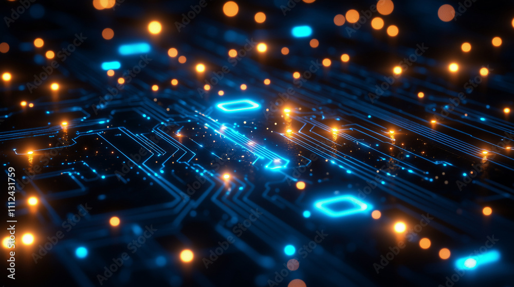 Futuristic LED Circuit Board with Vibrant Neon Colors