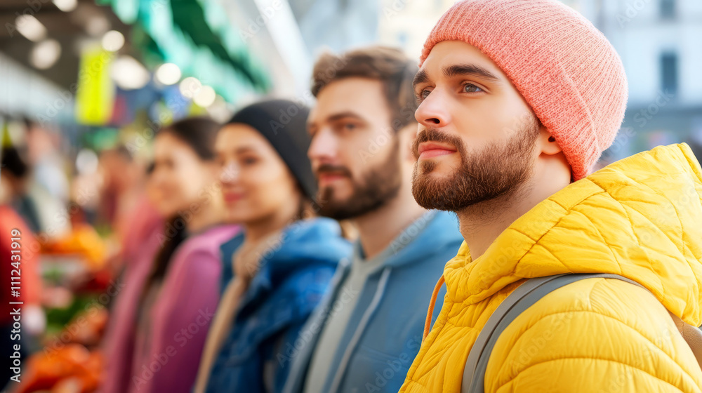 Fototapeta premium Young Adults in Colorful Jackets at a Vibrant Outdoor Marketplace during a Bright Day