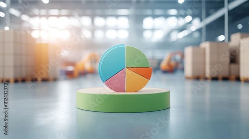 A glowing holographic pie chart floating in a warehouse, each segment representing a logistics metric, with automated robots in the backgroun photo