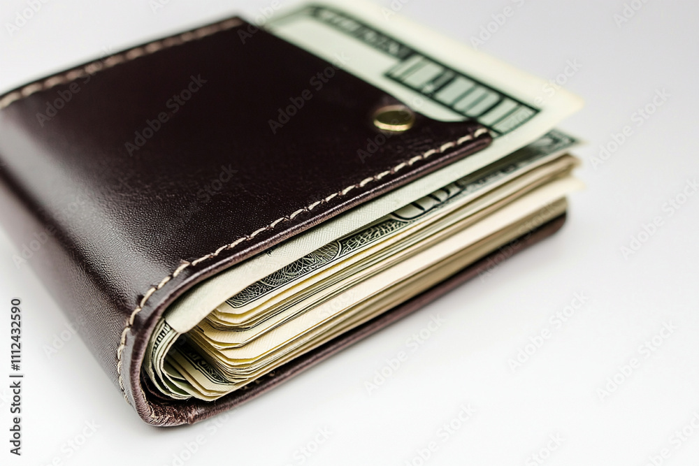 Brown leather wallet filled with cash on a neutral background Brown leather wallet filled with cash on a neutral background