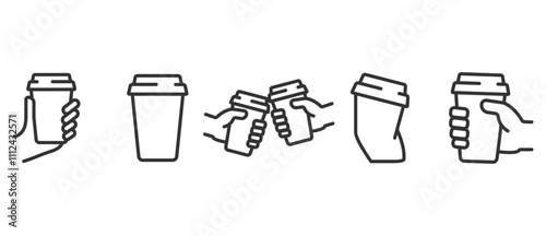 Flat icon set of Hand holding paper cup with drink. A hand is holding a coffee cup flat icon. Vector illustration of a hand holding a mug of coffee to takeaway in transparent background. Eps10