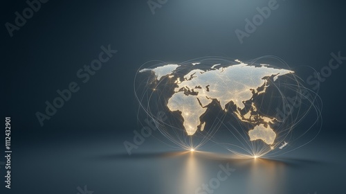 A glowing infographic overlaying a world map, with roads, air routes, and shipping lanes lit up to display proportional transport data, Futuristic, Cool tones, 