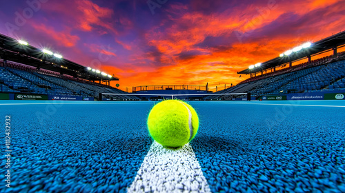 Wallpaper Mural A vibrant sunset casts colorful hues over a tennis court, highlighting a bright yellow tennis ball on a blue surface. Torontodigital.ca