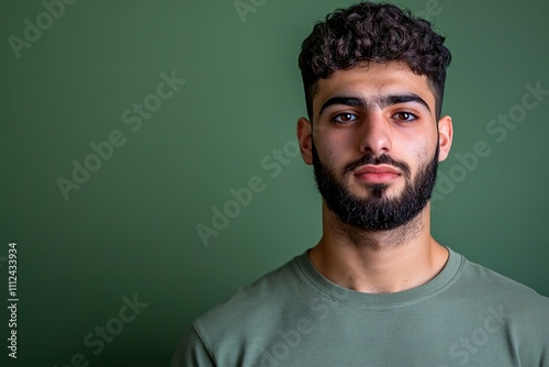 Man with beard in green on olive backdrop