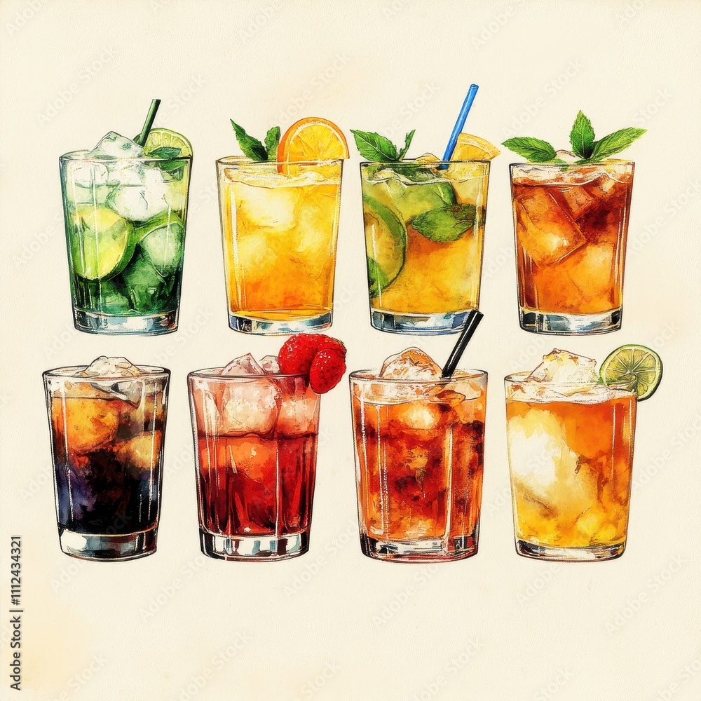 Vibrant Assortment of Refreshing Summer Cocktails with Citrus Garnishes and Fresh Mint Leaves on a Light Background