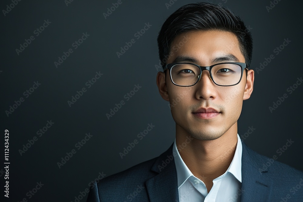 Serious young Asian businessman in suit with glasses Serious young Asian businessman in suit with glasses