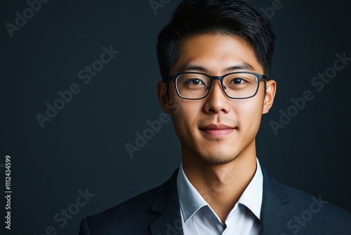 Professional young Asian man in suit with glasses, confident look.