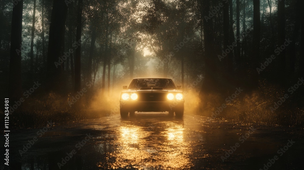 car with lights on in a foggy forest car with lights on in a foggy forest