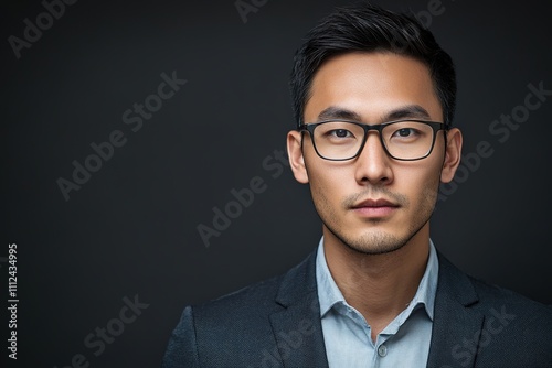 Confident Asian businessman in sharp suit with modern glasses