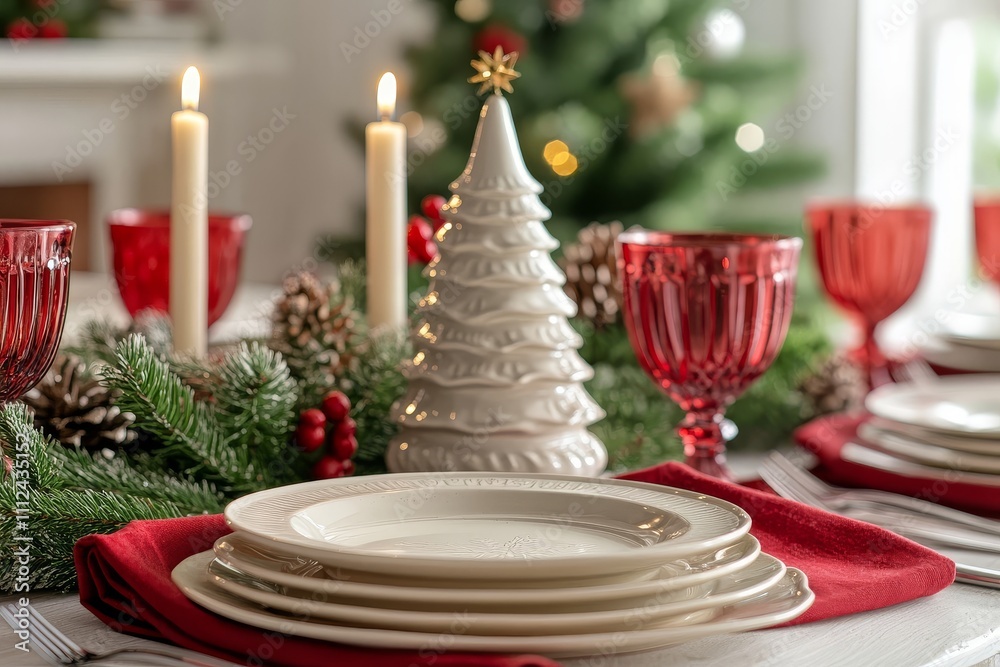 Christmas table setting with red napkins, white plates, and glassware, ceramic Christmas tree with candlestick, red and white color theme, cozy atmosphere, green plants, and festive decorations. Christmas table setting with red napkins, white plates, and glassware, ceramic Christmas tree with candlestick, red and white color theme, cozy atmosphere, green plants, and festive decorations.