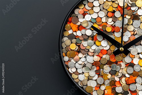 unique clock design featuring array of colorful coins, showcasing time in creative way. vibrant mix of coins adds playful touch to concept of time photo