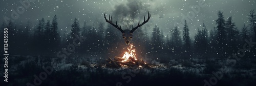 Elk skull with horns hovers over bonfire in snow in winter forest. Winter solstice holiday. Yule, Imbolc, Samhain. Wiccan pagan religion. Magic or esoteric dark ritual. Psychedelic ethnic element