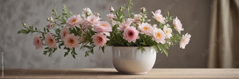 Delicate floral arrangement in a small ceramic cup, whitewash, simple Delicate floral arrangement in a small ceramic cup, whitewash, simple