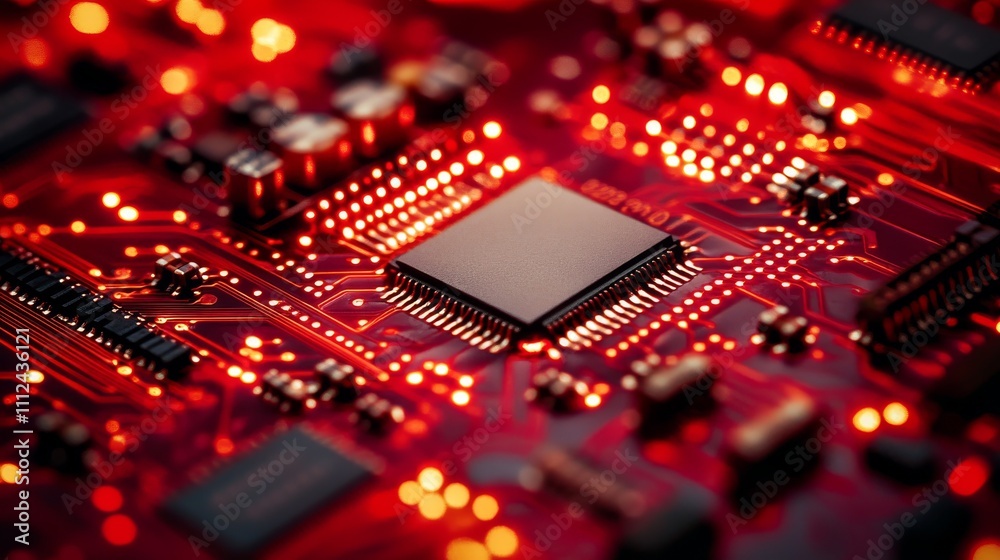 High tech technology circuit board close up geometric background with digital data abstract. tilt plate in red light