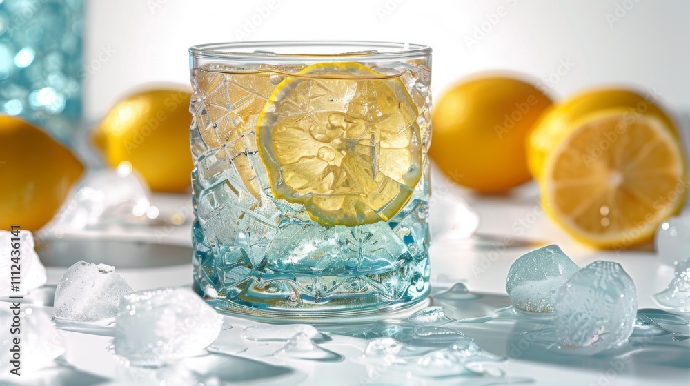 A clear glass of lemonade with slices of lemon and ice cubes, isolated on white A clear glass of lemonade with slices of lemon and ice cubes, isolated on white