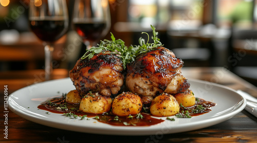 Exquisite baked chicken thighs served with roasted potatoes and red wine on an elegant table
 photo