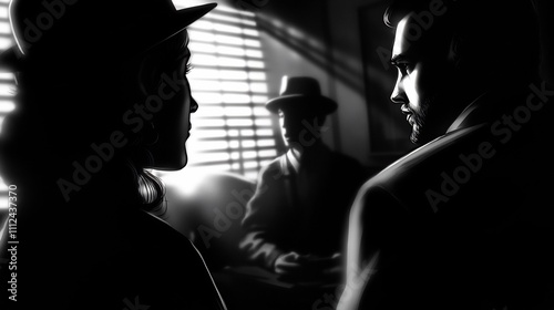 Noir Rendezvous: A clandestine meeting in a dimly lit room, shadows dance around three figures, a woman and two men, secrets whispered in the darkness.