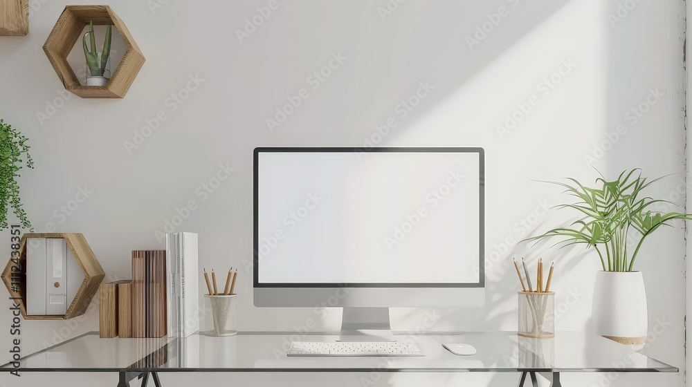 A minimalist workspace with a blank computer screen. glass desk. and potted plants A minimalist workspace with a blank computer screen. glass desk. and potted plants