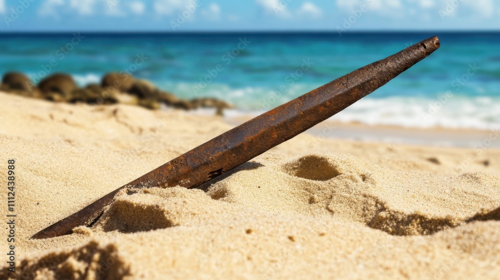 Ancient harpoon resting on sandy beach, partially buried with weathered wooden handle and rusted metal tip, evoking historical maritime heritage and archaeological significance. Ancient harpoon resting on sandy beach, partially buried with weathered wooden handle and rusted metal tip, evoking historical maritime heritage and archaeological significance.