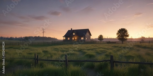 A serene landscape of a fenced-in field with a house in the distance at dusk, sunset, peaceful scene