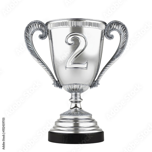 Shiny silver trophy and second 2nd place medal isolated on white background, championship award symbols for competition winners, celebration emblems representing victory and achievement