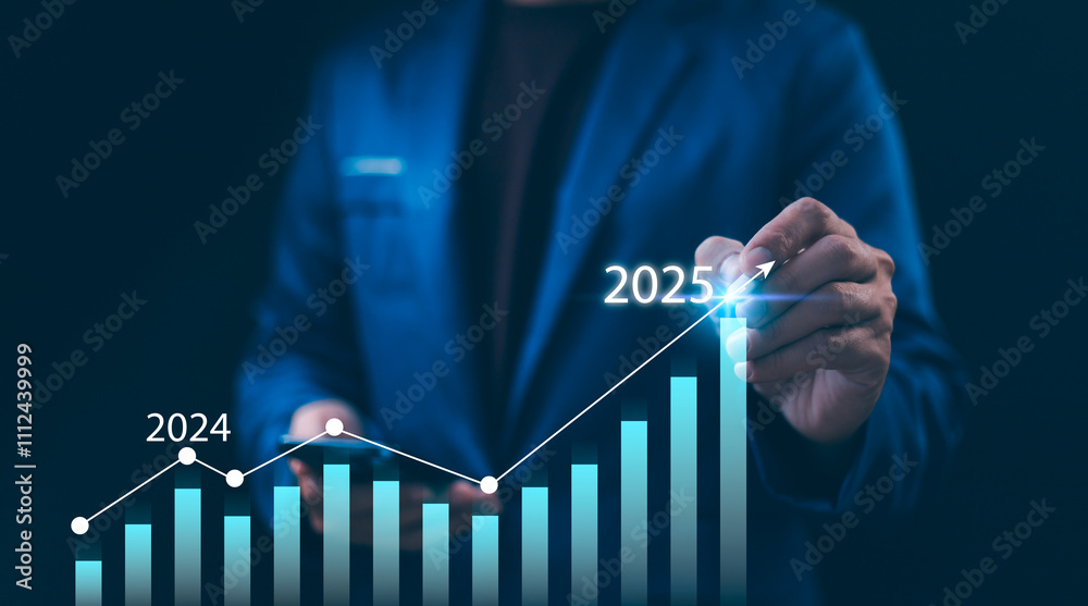Start 2025 new year. Business growth 2024 to 2025. Businessman pointing at arrow graph New Year Business Goals 2025. Financial growth or rising interest rates. Future trends and strategic forecasting.