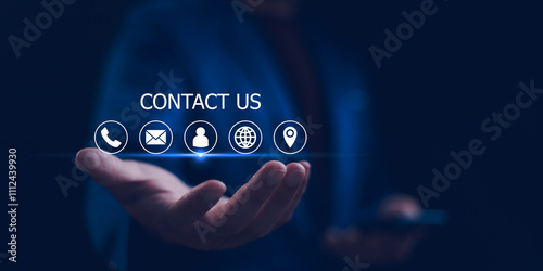 Obraz na płótnie Contact us or Customer support hotline, Businessman touching on virtual screen contact icons (email, address, live chat, telephone). Customer service, helpdesk advice online support people connect. w salonie