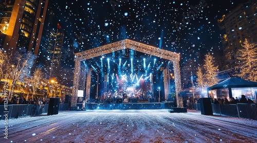 Vibrant Winter Night Concert with Snowfall and Colorful Lights in Urban Setting Featuring a Stage Surrounded by Festive Decorations and Trees